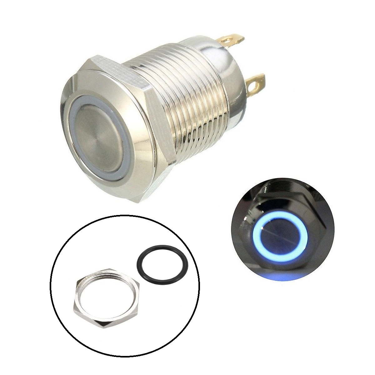 کلید شستی فشاری استیل LED دار قطر 12V - 12mm کلید شستی فشاری استیل LED دار قطر 12V - 12mm