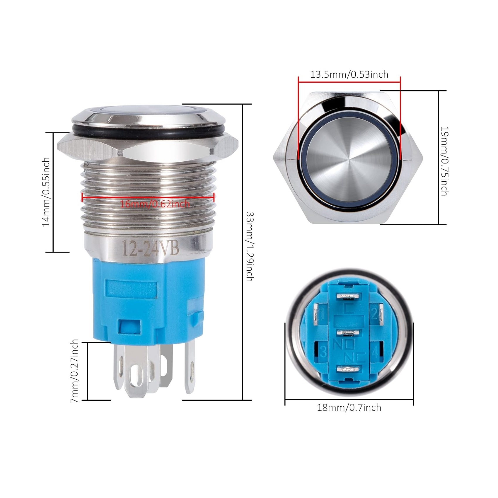 کلید شستی استیل آبی LED دار قطر 12V/24V - 16mm کلید شستی استیل آبی LED دار قطر 12V/24V - 16mm