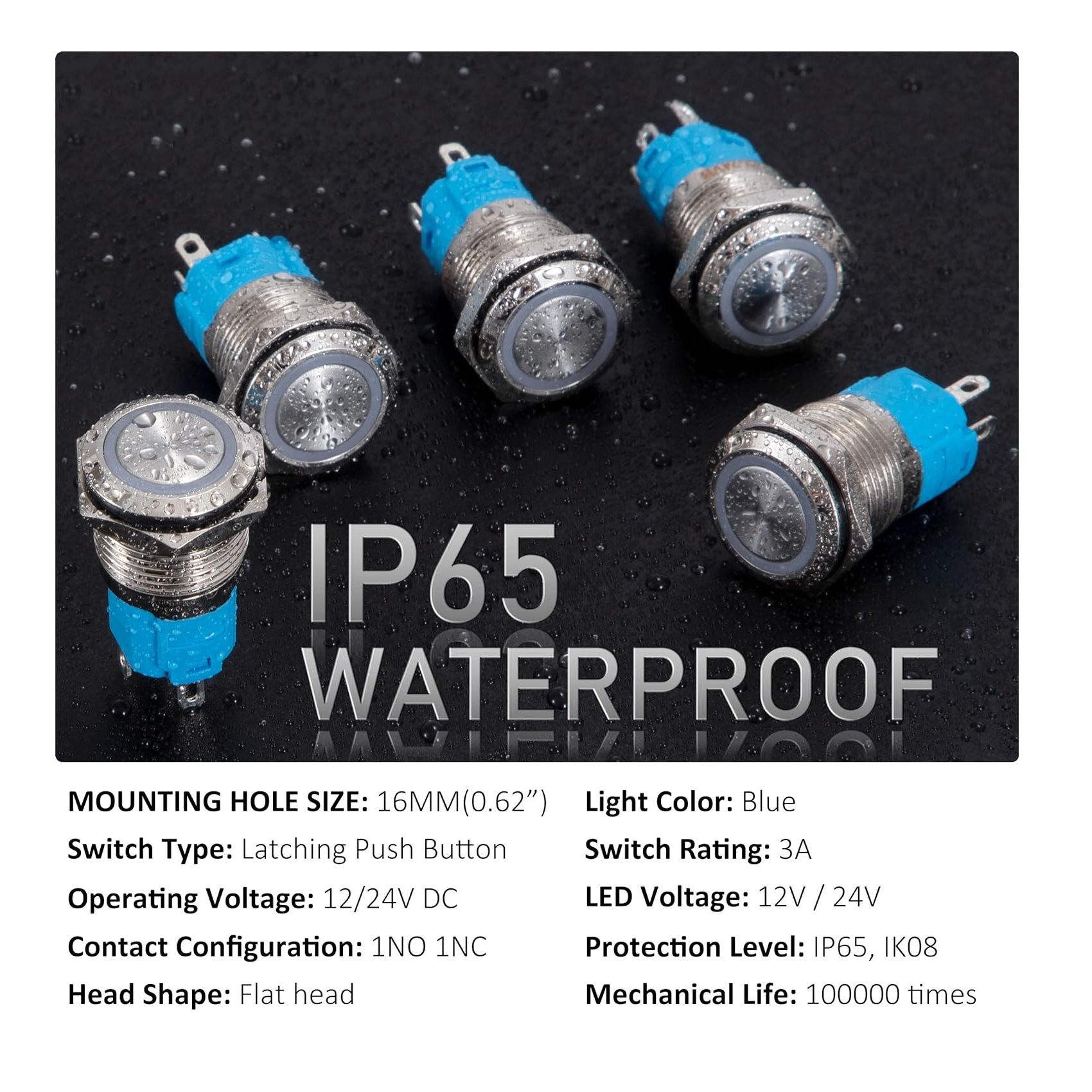 کلید شستی استیل آبی LED دار قطر 12V/24V - 16mm کلید شستی استیل آبی LED دار قطر 12V/24V - 16mm
