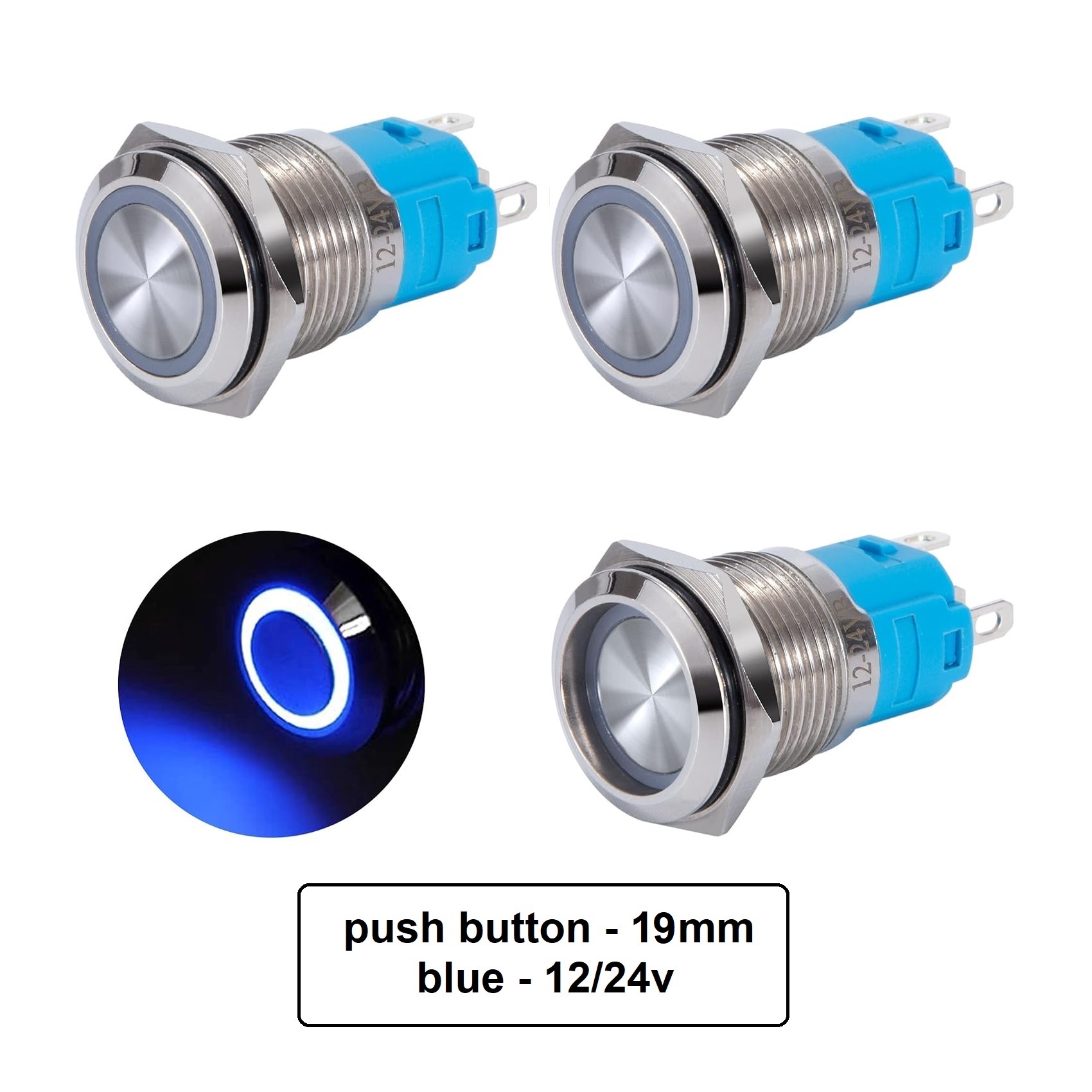 کلید شستی استیل آبی LED دار قطر 12V/24V - 19mm کلید شستی استیل آبی LED دار قطر 12V/24V - 19mm