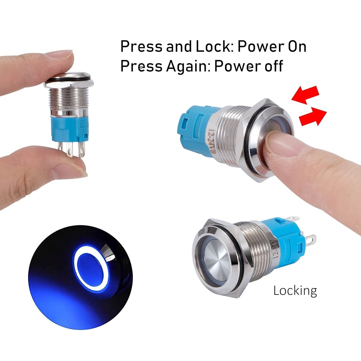 کلید فشاری فلزی آبی LED قطر 12V/24V - 19mm کلید فشاری فلزی آبی LED قطر 12V/24V - 19mm