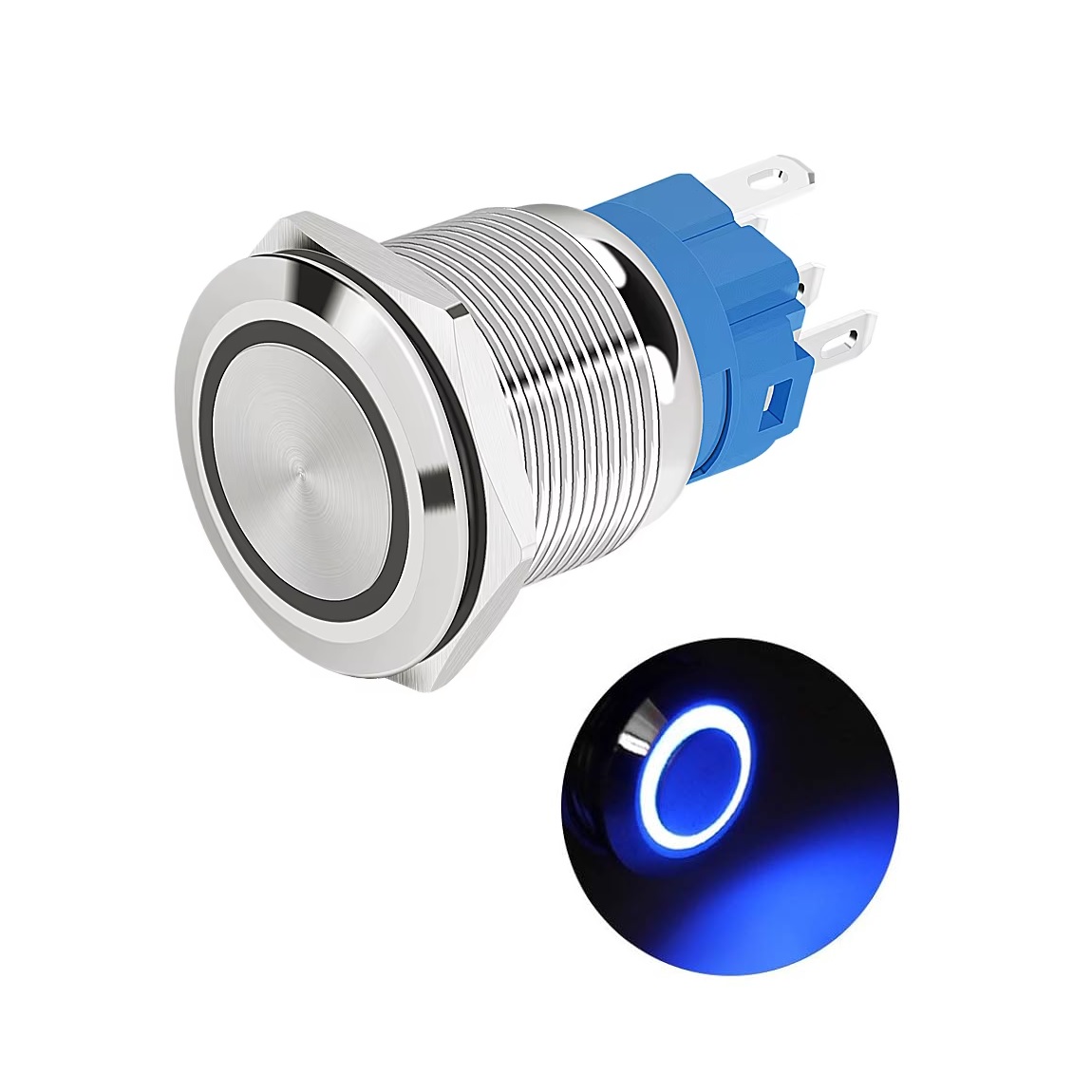 کلید فشاری فلزی آبی LED قطر 12V/24V - 19mm کلید فشاری فلزی آبی LED قطر 12V/24V - 19mm