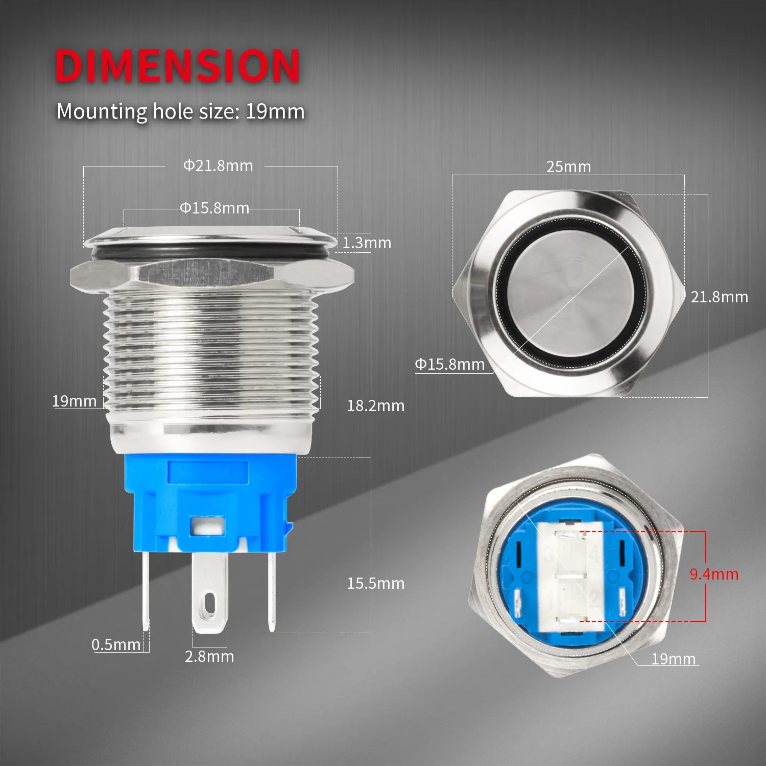 کلید فشاری فلزی آبی LED قطر 12V/24V - 19mm کلید فشاری فلزی آبی LED قطر 12V/24V - 19mm