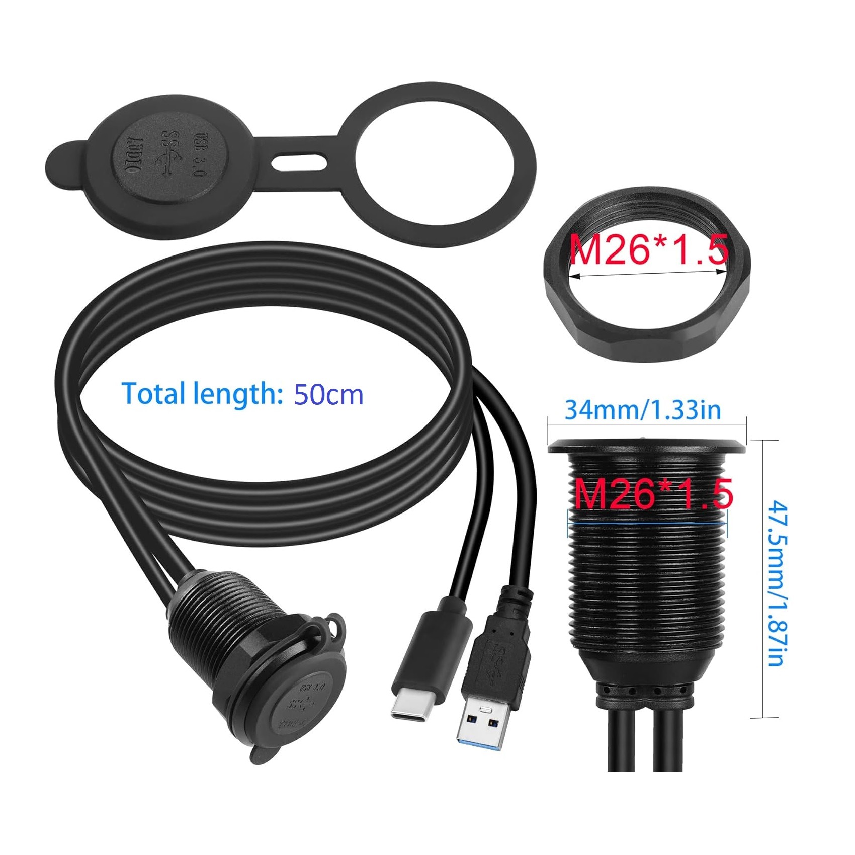 کابل پنلی دو پورت USB و TYPE C ضد آب و قاب دار 50cm کابل پنلی دو پورت USB و TYPE C ضد آب و قاب دار 50cm