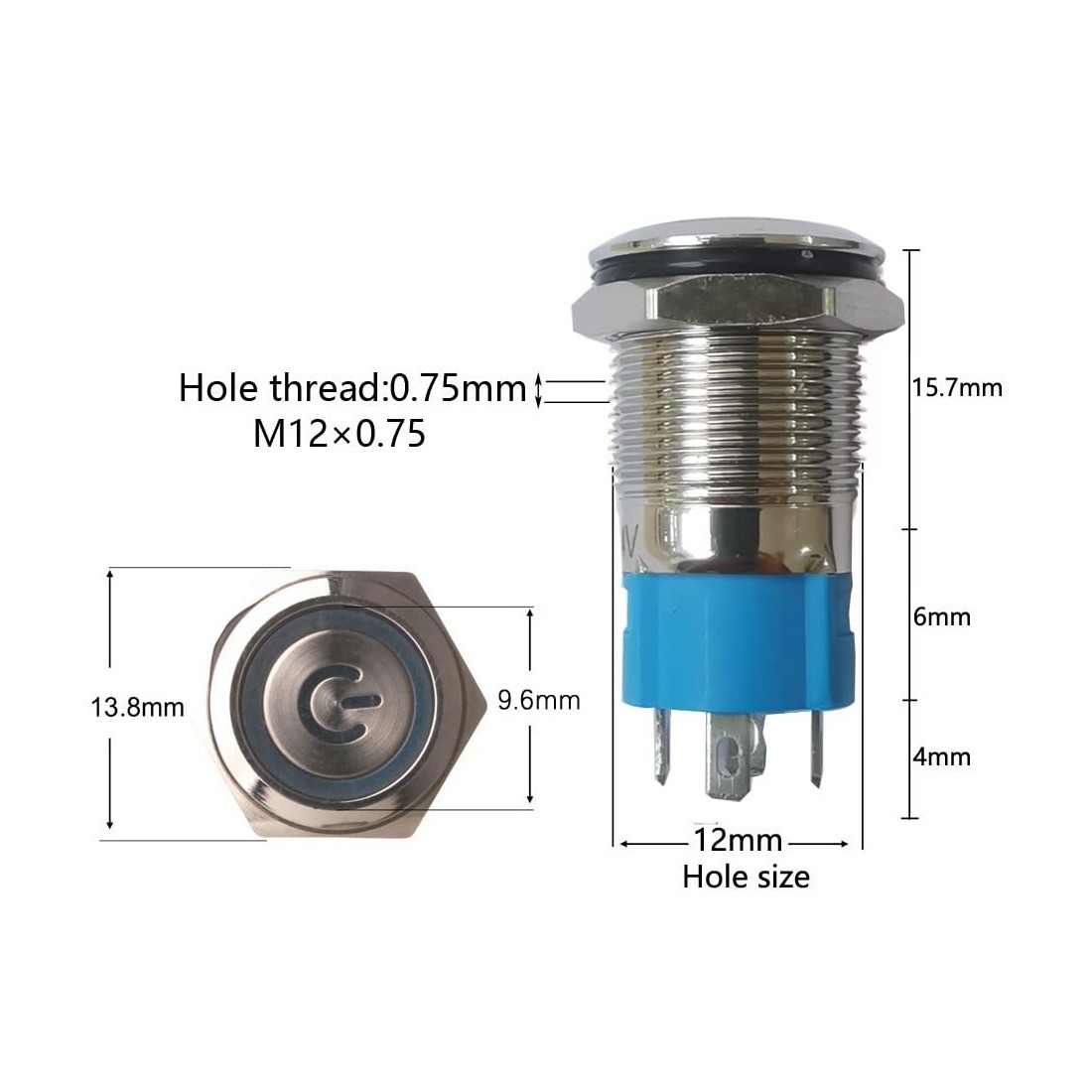کلید شستی فلزی آبی LED قطر 12V/24V - 12mm طرح پاور کلید شستی فلزی آبی LED قطر 12V/24V - 12mm طرح پاور