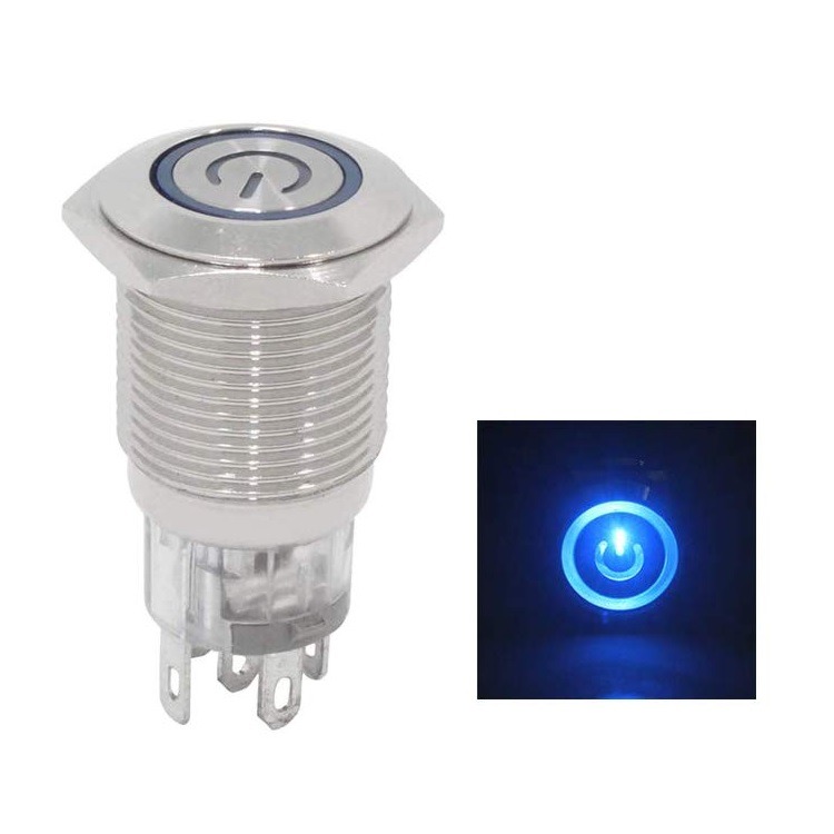 کلید شستی فلزی آبی LED قطر 12V/24V - 12mm طرح پاور کلید شستی فلزی آبی LED قطر 12V/24V - 12mm طرح پاور
