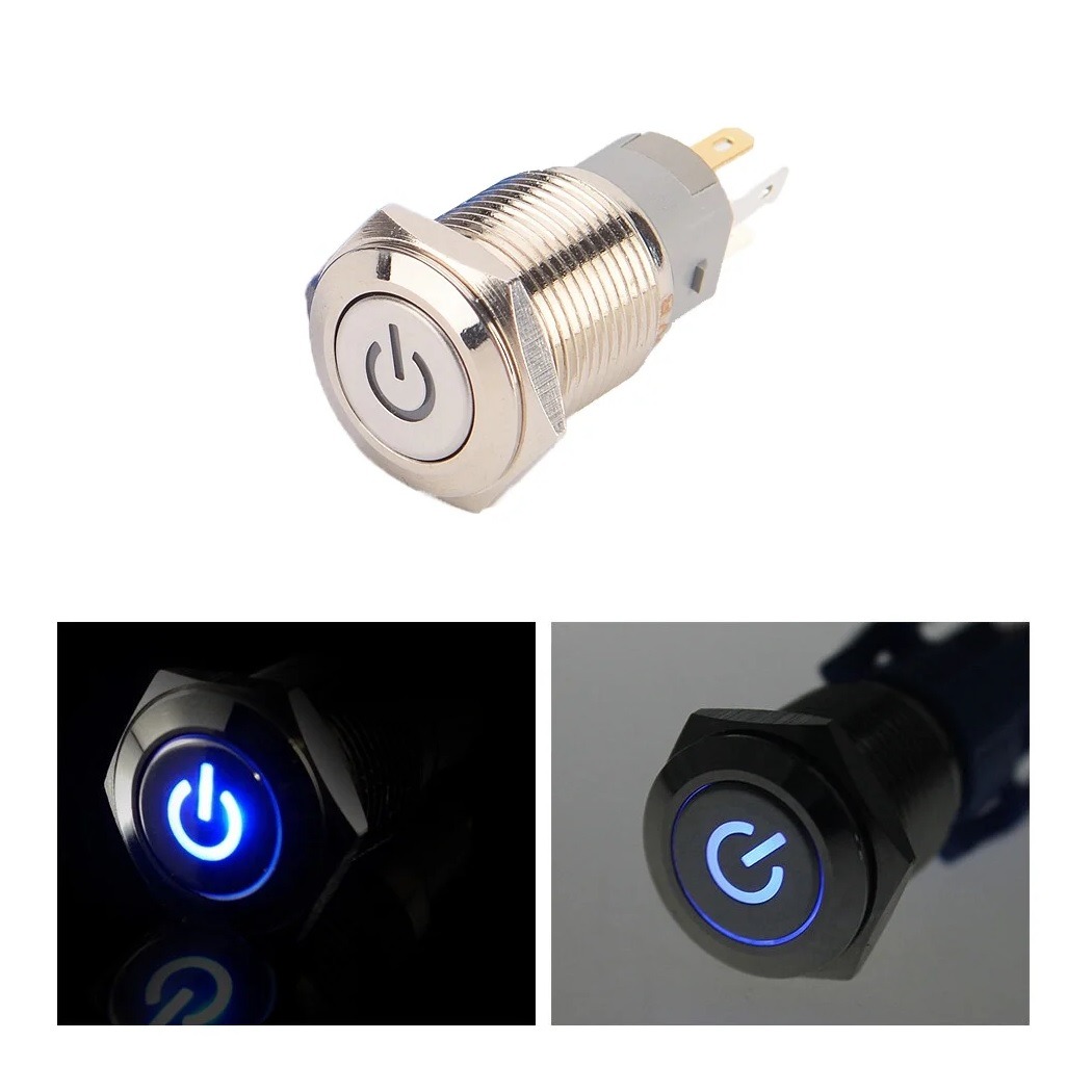 کلید شستی استیل آبی LED دار قطر 12V/24V - 16mm طرح پاور کلید شستی استیل آبی LED دار قطر 12V/24V - 16mm طرح پاور