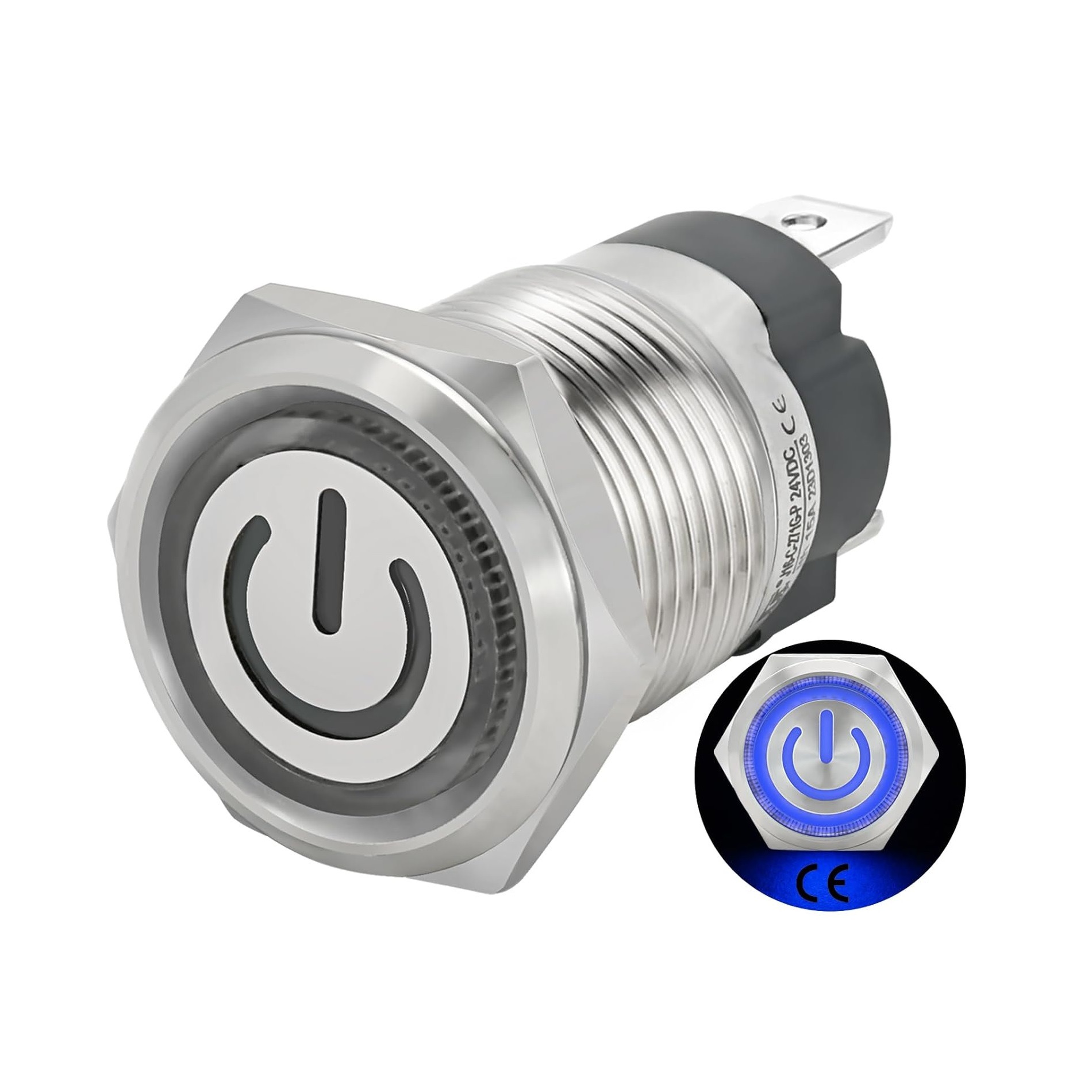 کلید فشاری فلزی آبی LED قطر 12V/24V - 19mm طرح پاور کلید فشاری فلزی آبی LED قطر 12V/24V - 19mm طرح پاور