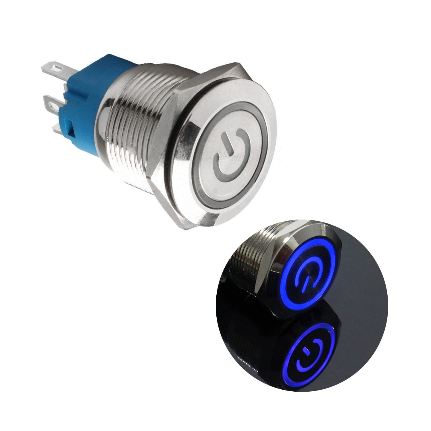 کلید فشاری فلزی آبی LED قطر 12V/24V - 22mm طرح پاور کلید فشاری فلزی آبی LED قطر 12V/24V - 22mm طرح پاور
