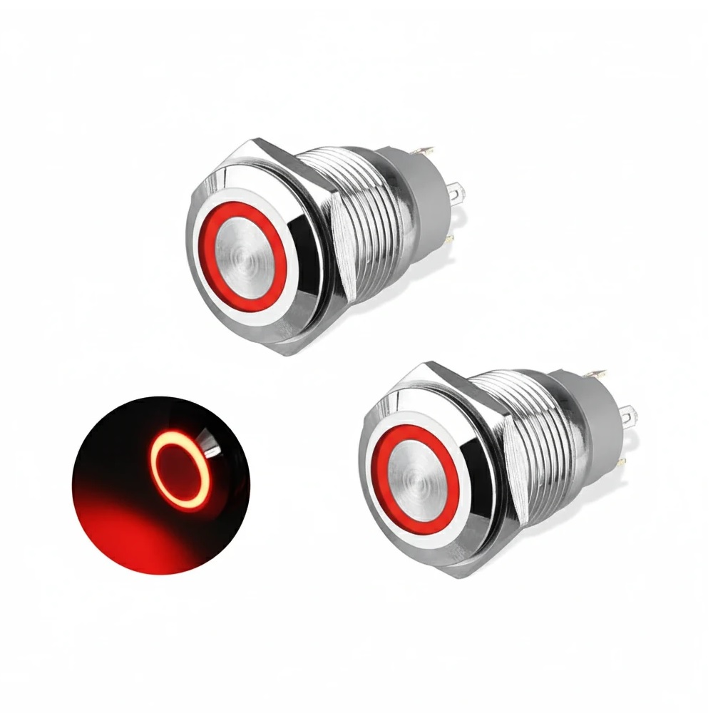کلید فشاری فلزی قرمز LED قطر 12V/24V - 16mm کلید فشاری فلزی قرمز LED قطر 12V/24V - 16mm