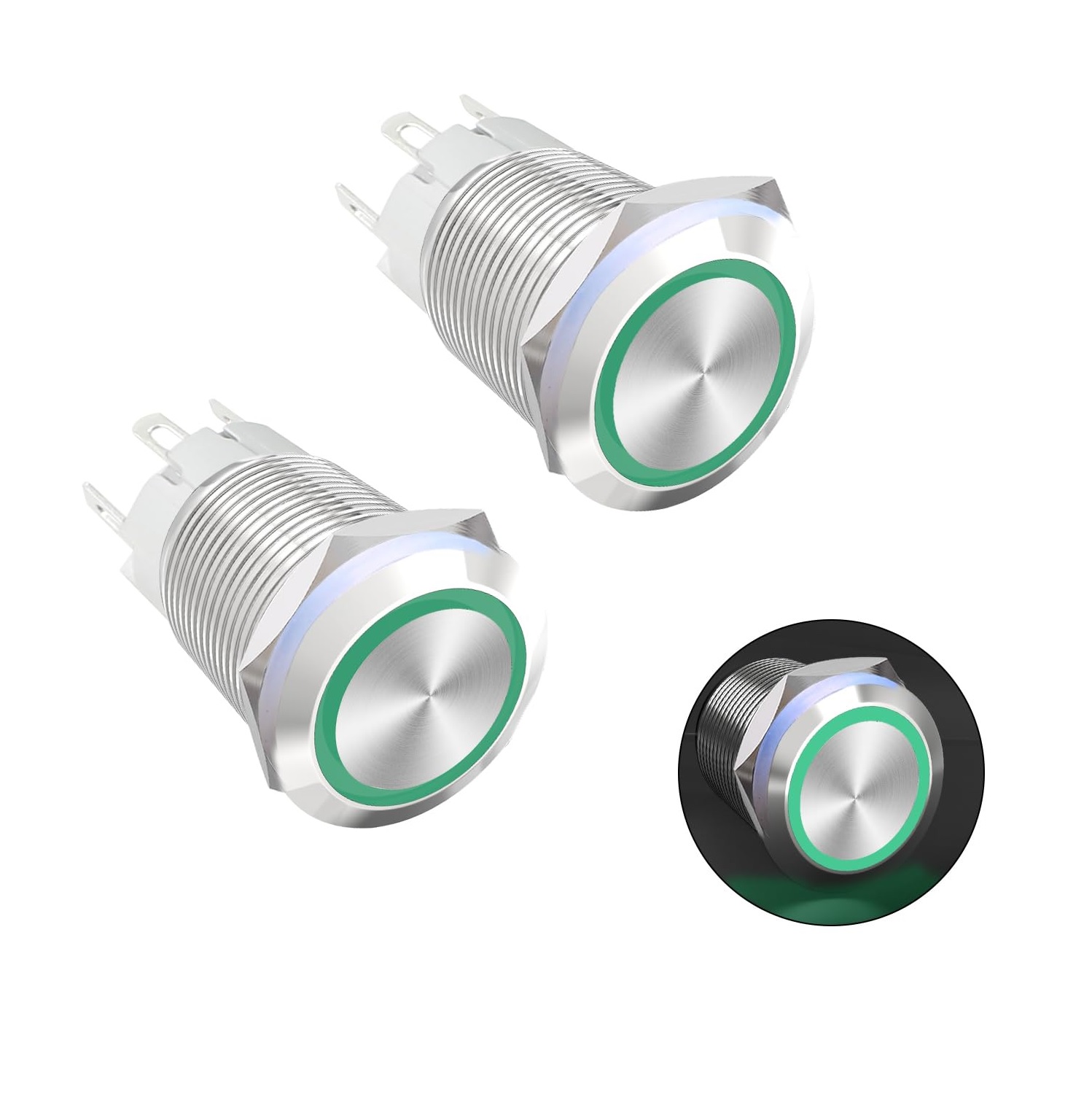 کلید شستی استیل سبز LED دار قطر 12V/24V - 19mm کلید شستی استیل سبز LED دار قطر 12V/24V - 19mm