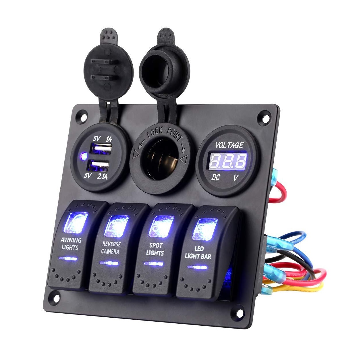 کنترل پنل 4 کلید آفرود و کمپر مجهز به شارژر USB، فندکی و ولتمتر کنترل پنل 4 کلید آفرود و کمپر مجهز به شارژر USB، فندکی و ولتمتر