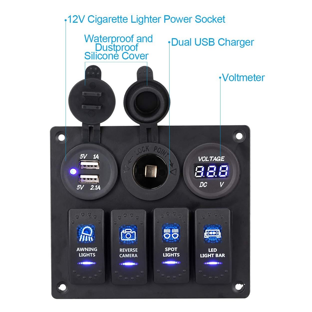 کنترل پنل 4 کلید آفرود و کمپر مجهز به شارژر USB، فندکی و ولتمتر کنترل پنل 4 کلید آفرود و کمپر مجهز به شارژر USB، فندکی و ولتمتر